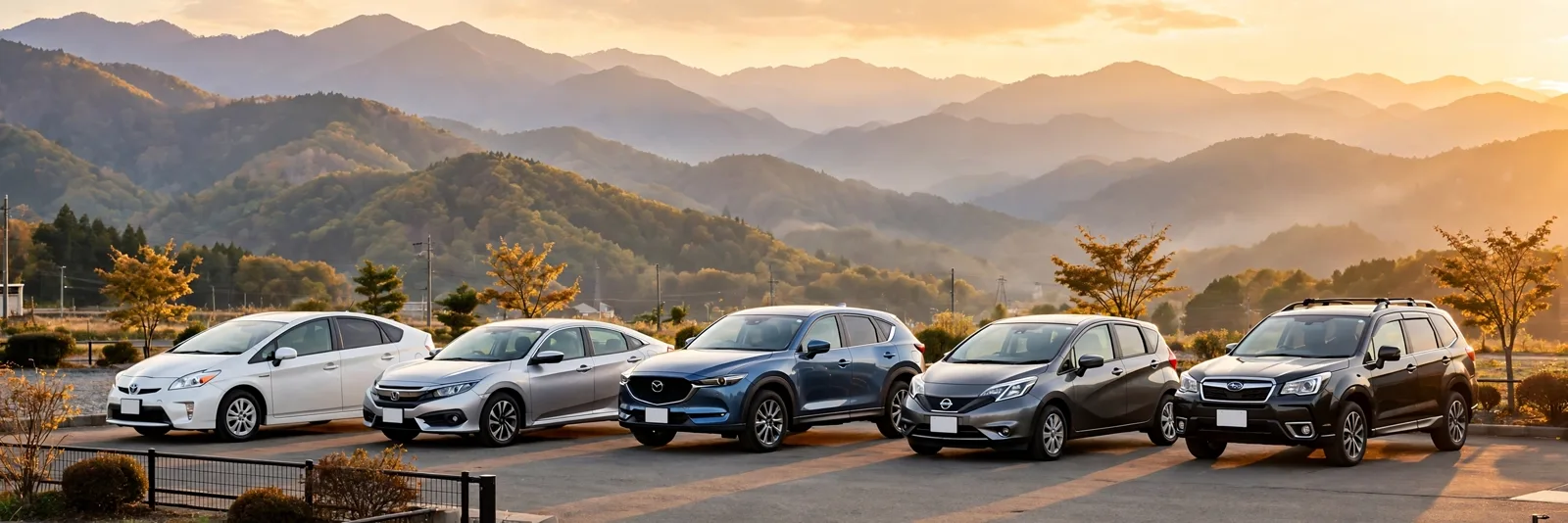 Used cars lined up in the evening light